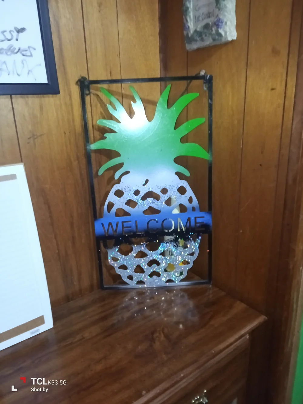 Green and Silver Pineapple Welcome Wall Decor